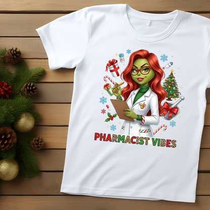 Pharmacist Vibes Christmas PNG | Grinch-Style Holiday Pharmacist Clipart | Cute Green Pharmacist with Candy Cane & Christmas Tree | Holiday Sublimation Design