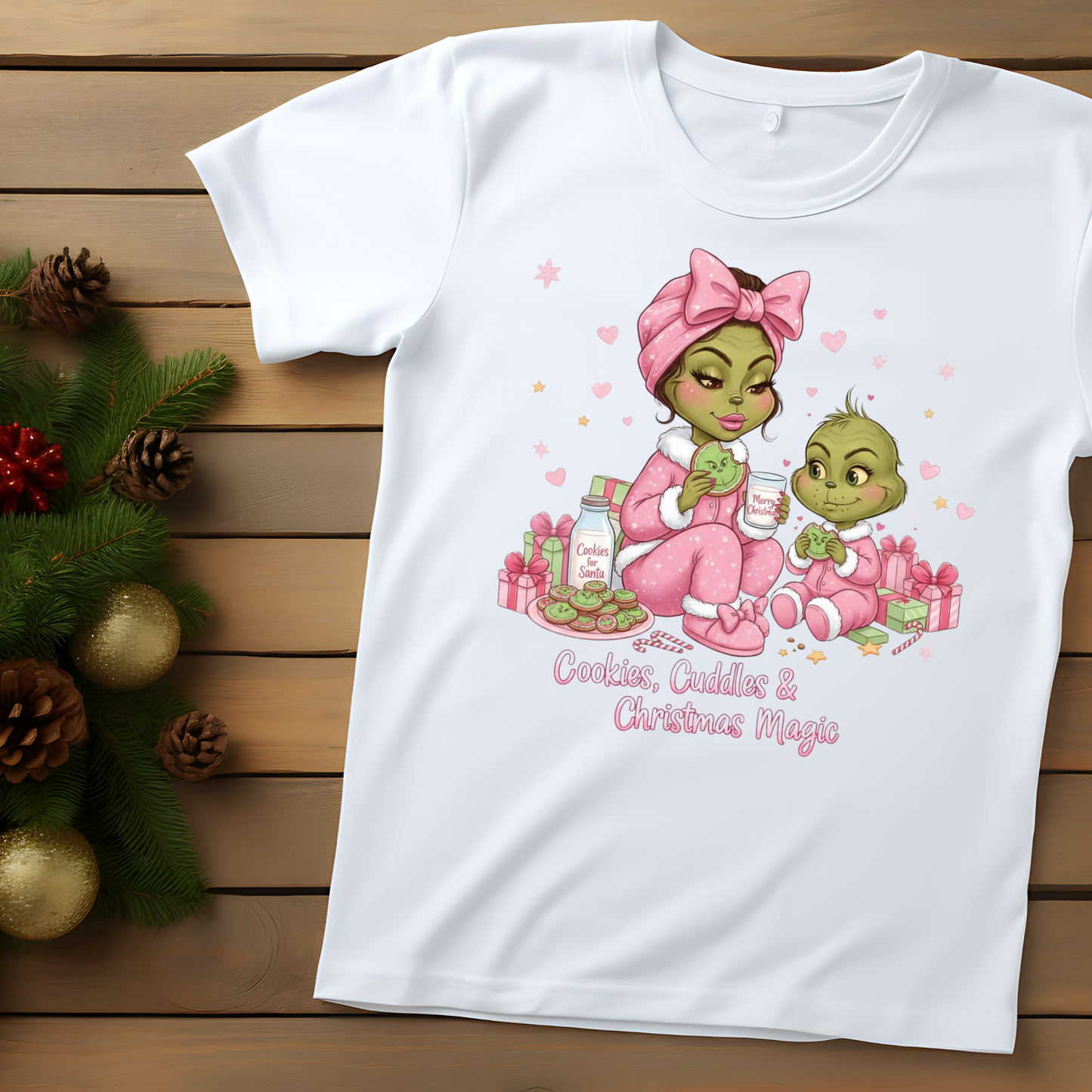 Cookies, Cuddles & Christmas Magic Grinch Mom and Baby PNG | Matching Christmas Pajamas | Holiday Family Clipart | Cute Green Characters Christmas Art