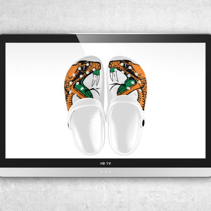 Adult - Game Day Storm Clogs – Orange & Green Football Fan Slip-Ons | Custom Stadium Energy Shoes | Unisex Comfort Slides | Holiday Gift Edition