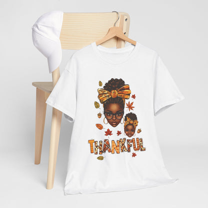 Thankful Matching Mother Daughter Fall Shirt | Cute Afro Mom and Girl Autumn Tee | Pumpkin Bow Thanksgiving Family T-Shirt | Fall Leaves Shirt