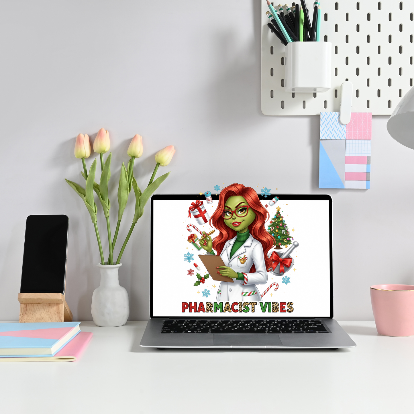 Pharmacist Vibes Christmas PNG | Grinch-Style Holiday Pharmacist Clipart | Cute Green Pharmacist with Candy Cane & Christmas Tree | Holiday Sublimation Design