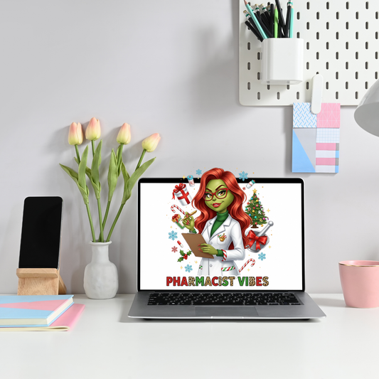 Pharmacist Vibes Christmas PNG | Grinch-Style Holiday Pharmacist Clipart | Cute Green Pharmacist with Candy Cane & Christmas Tree | Holiday Sublimation Design