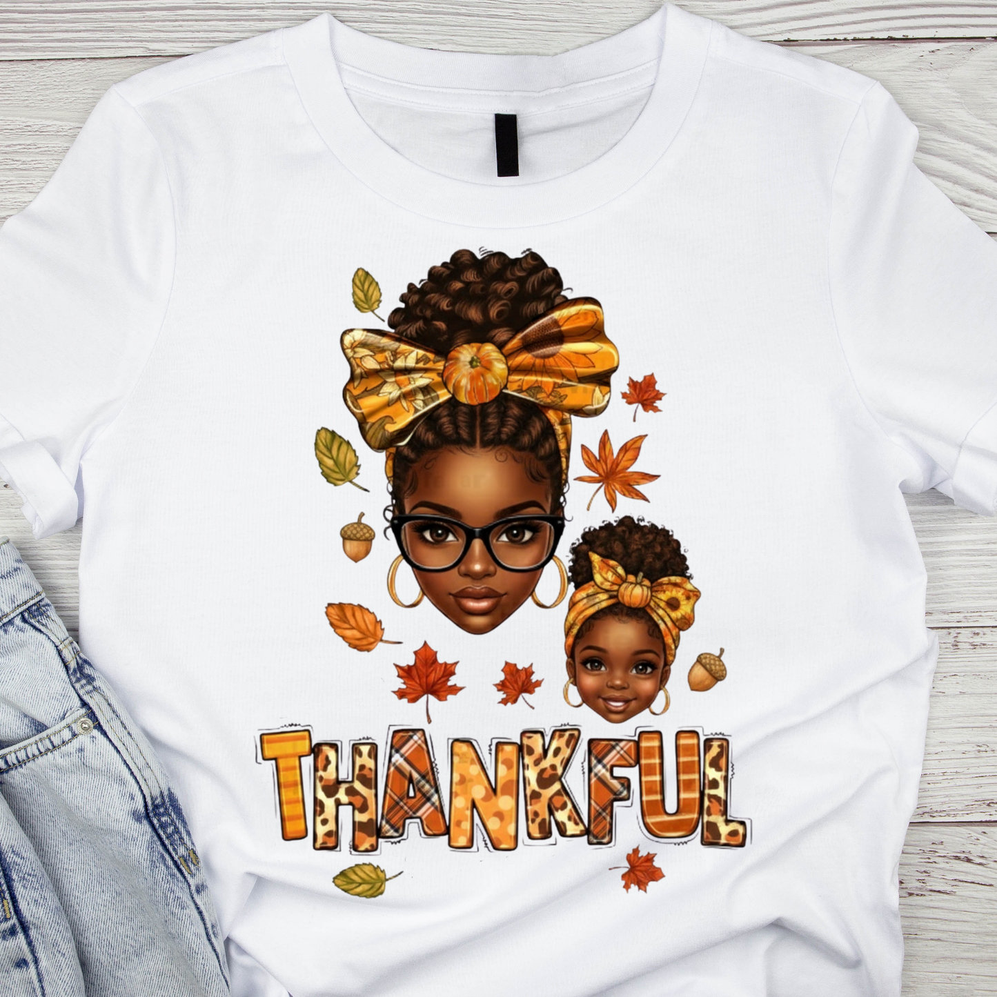 Thankful Matching Mother Daughter Fall Shirt | Cute Afro Mom and Girl Autumn Tee | Pumpkin Bow Thanksgiving Family T-Shirt | Fall Leaves Shirt