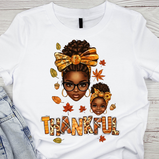Thankful Matching Mother Daughter Fall Shirt | Cute Afro Mom and Girl Autumn Tee | Pumpkin Bow Thanksgiving Family T-Shirt | Fall Leaves Shirt