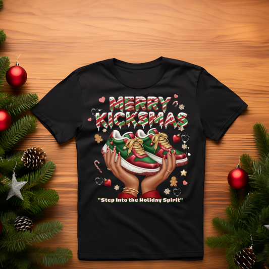 Adult - Merry KickSmas Christmas Shirt | Sneaker Lover Holiday Tee | Red & Green Kicks Graphic Sweatshirt | Step Into the Holiday Spirit Apparel