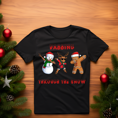 Adult - Dabbing Through the Snow Christmas Shirt | Funny Holiday Graphic Tee | Snowman Reindeer Gingerbread Dabbing Xmas Shirt