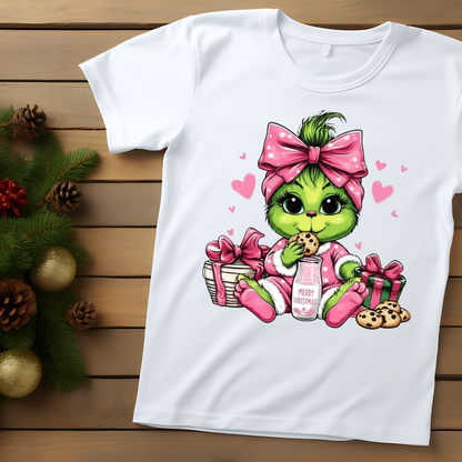 Kids Christmas Tee | Cute Baby Grinch Girl Christmas Shirt | Pink Bow Merry Christmas Tee | Funny Holiday Cookie Lover Shirt | Cozy Xmas Gift for Women & Kids
