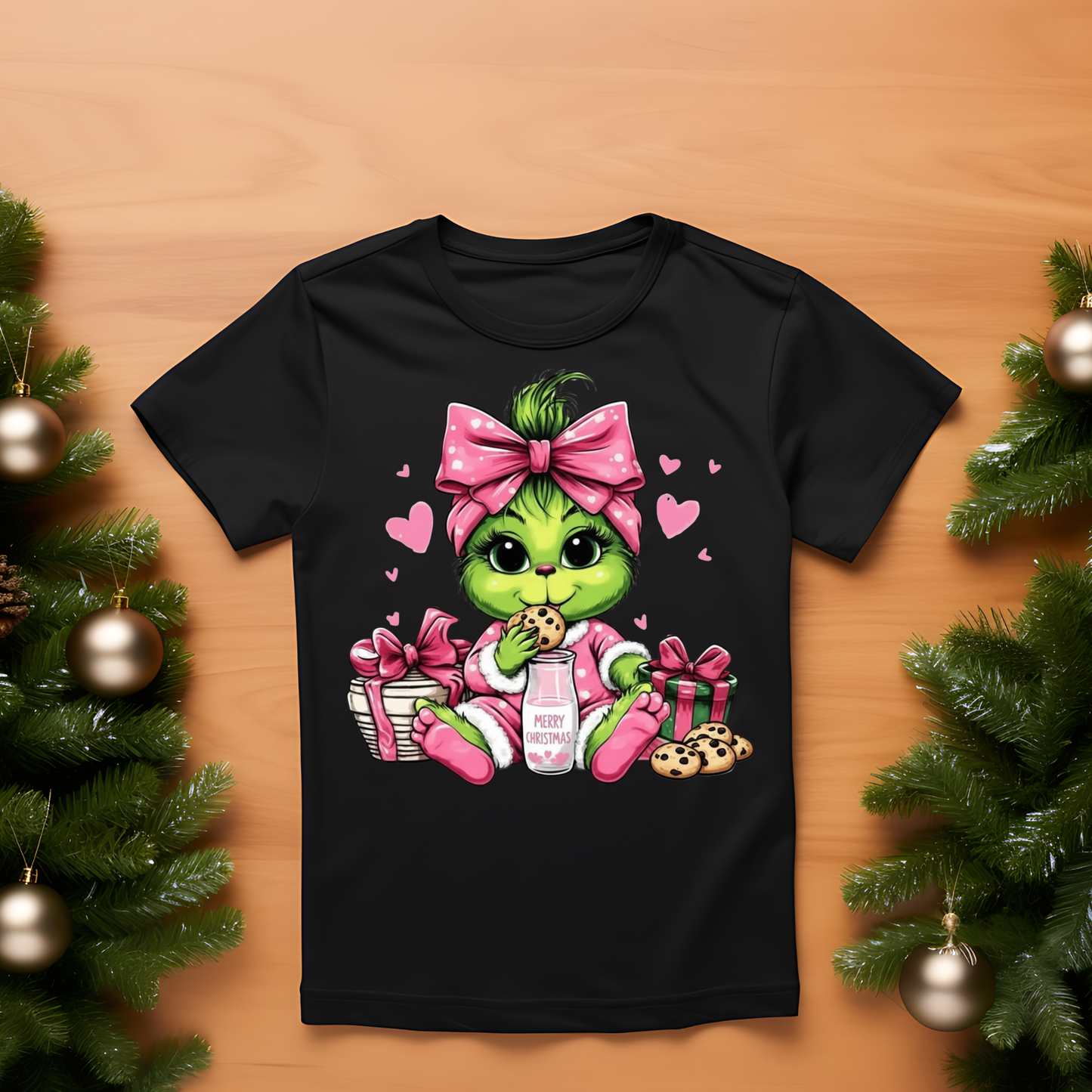Adult Christmas Tee | Unisex Heavy Cotton Shirt | Cute Baby Grinch Girl Christmas Shirt | Pink Bow Merry Xmas Tee | Funny Holiday Cookie Lover