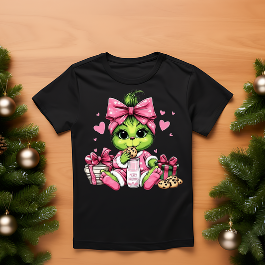 Adult Christmas Tee | Unisex Heavy Cotton Shirt | Cute Baby Grinch Girl Christmas Shirt | Pink Bow Merry Xmas Tee | Funny Holiday Cookie Lover