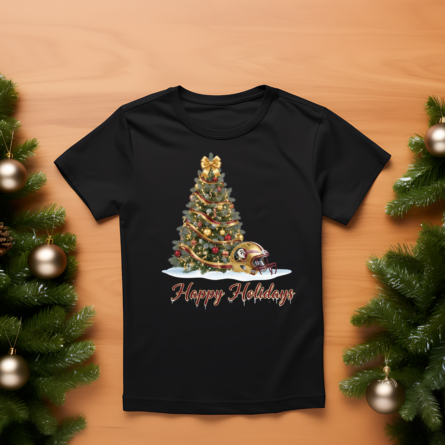 Adult - Happy Holidays Garnet & Gold Christmas Tree Shirt | Festive Holiday Tee | Cozy Christmas Fan Gift