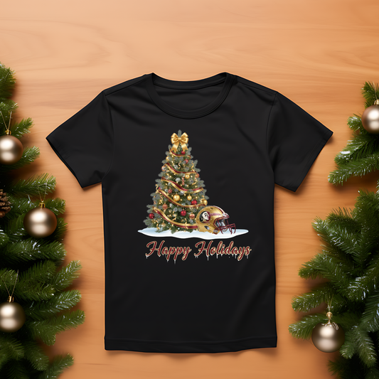 Adult - Happy Holidays Garnet & Gold Christmas Tree Shirt | Festive Holiday Tee | Cozy Christmas Fan Gift