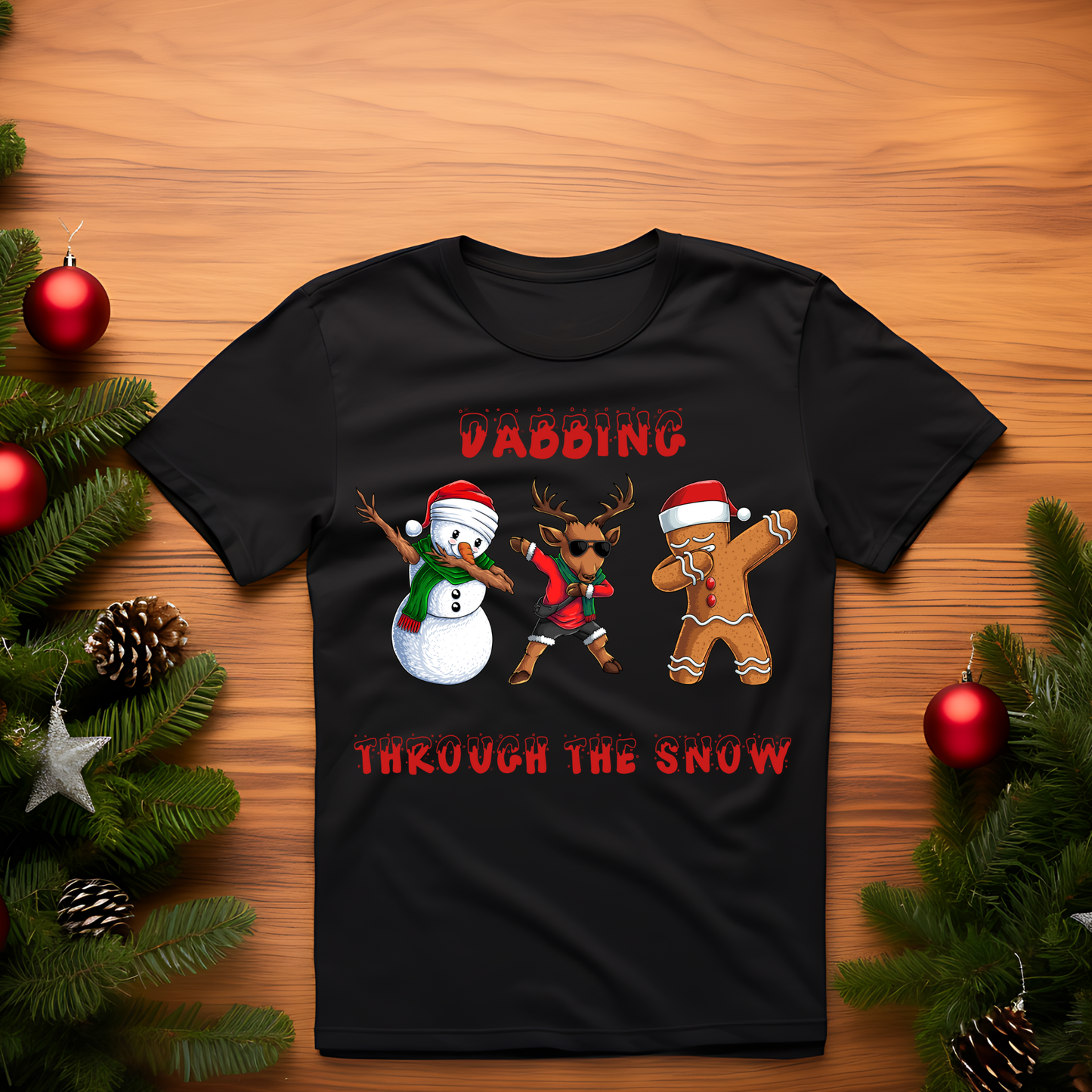 Kids - Dabbing Through the Snow Christmas Shirt | Funny Holiday Graphic Tee | Snowman Reindeer Gingerbread Dabbing Xmas Shirt