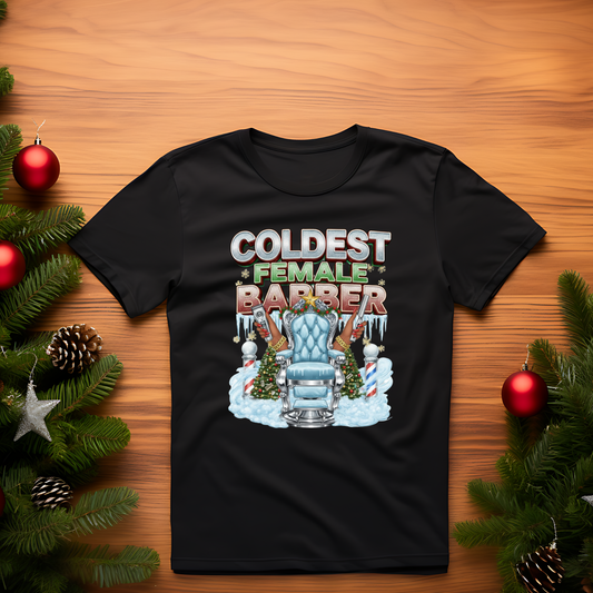 Coldest Female Barber Christmas Edition Shirt | Barber Life Holiday Tee | Icy Barber Gift for Women Stylists
