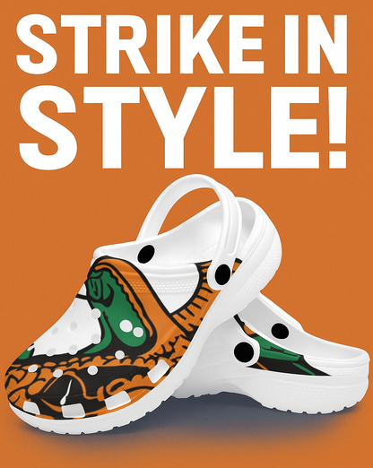 Adults - Strike Style Clogs – Bold Snake Bite Design | Orange & Green Power Slip-Ons | Custom Comfort Slides for Men & Women | Holiday Gift Edition