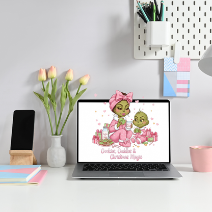 Cookies, Cuddles & Christmas Magic Grinch Mom and Baby PNG | Matching Christmas Pajamas | Holiday Family Clipart | Cute Green Characters Christmas Art