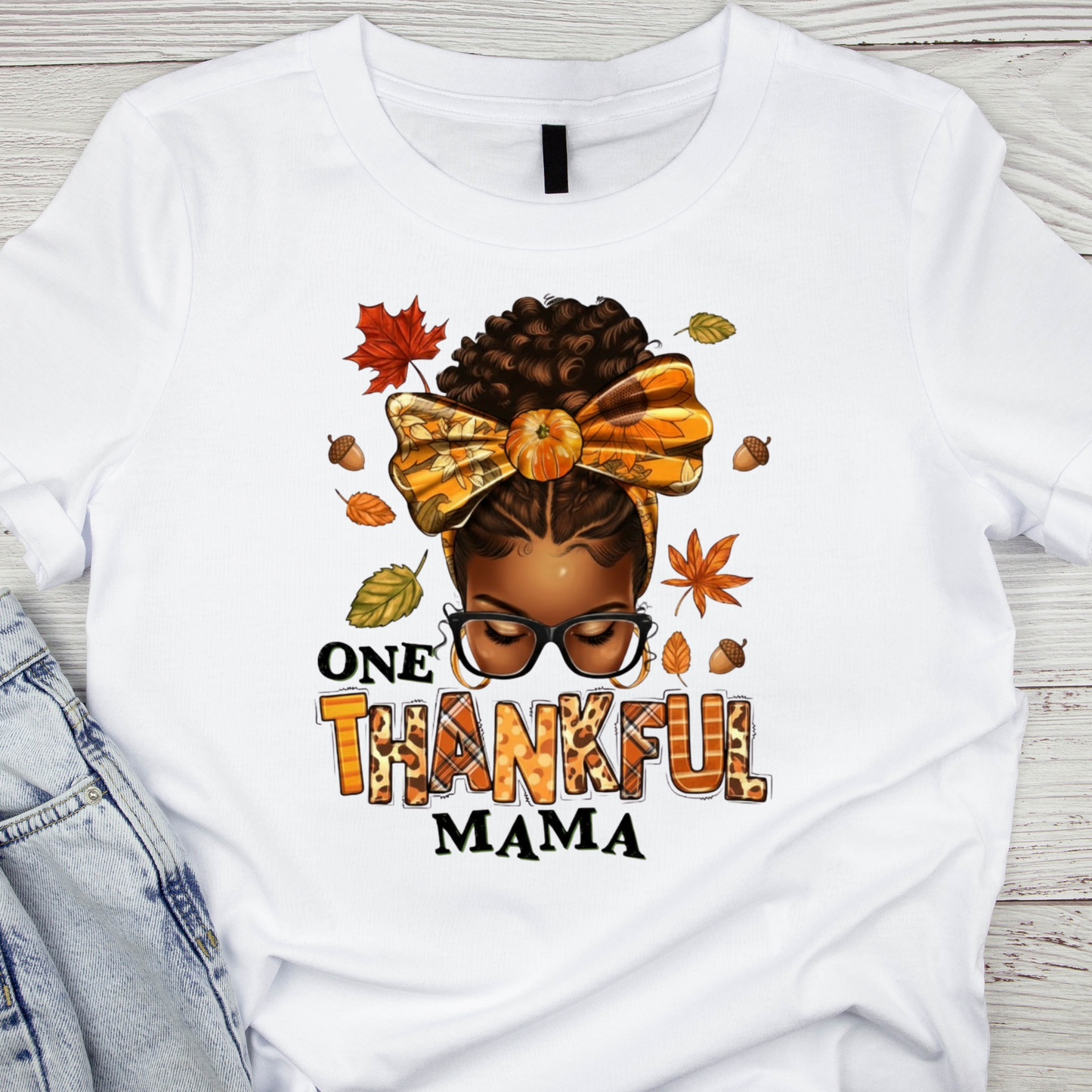 One Thankful Mama PNG | Fall Afro Woman Thanksgiving Design | Autumn Leaves Clipart | Cozy Season Digital Download | Grateful Mom Shirt Graphic