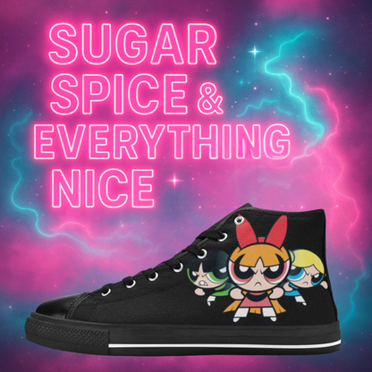 Kids - Sugar, Spice & Everything Nice High-Top Sneakers – Retro Girl Squad Canvas Shoes | Bold Color Pop Art Kicks for Kids | Holiday Gift Edition
